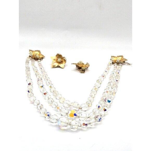 Rare 1940s Graduated Crystal Necklace and Floral Rhinestone Gold Clip Earrings - Picture 5 of 13